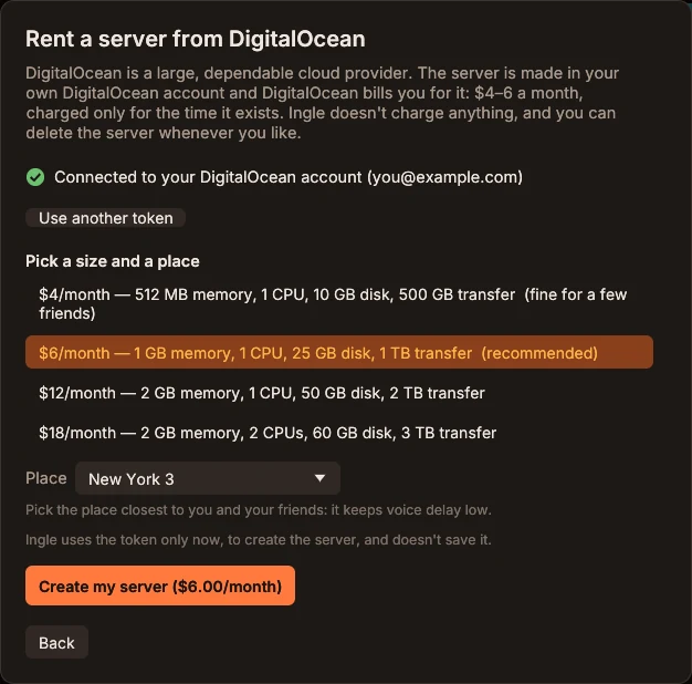 Renting a server in Ingle: pick a size from $4 a month and a place near you.